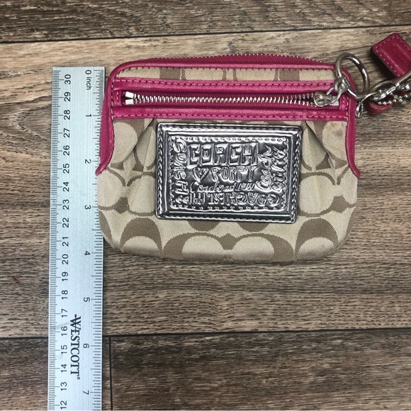 Coach Coin Wallet Wristlet Khaki Hot Pink Leather Trim Silver Logo Plate - Picture 10 of 10